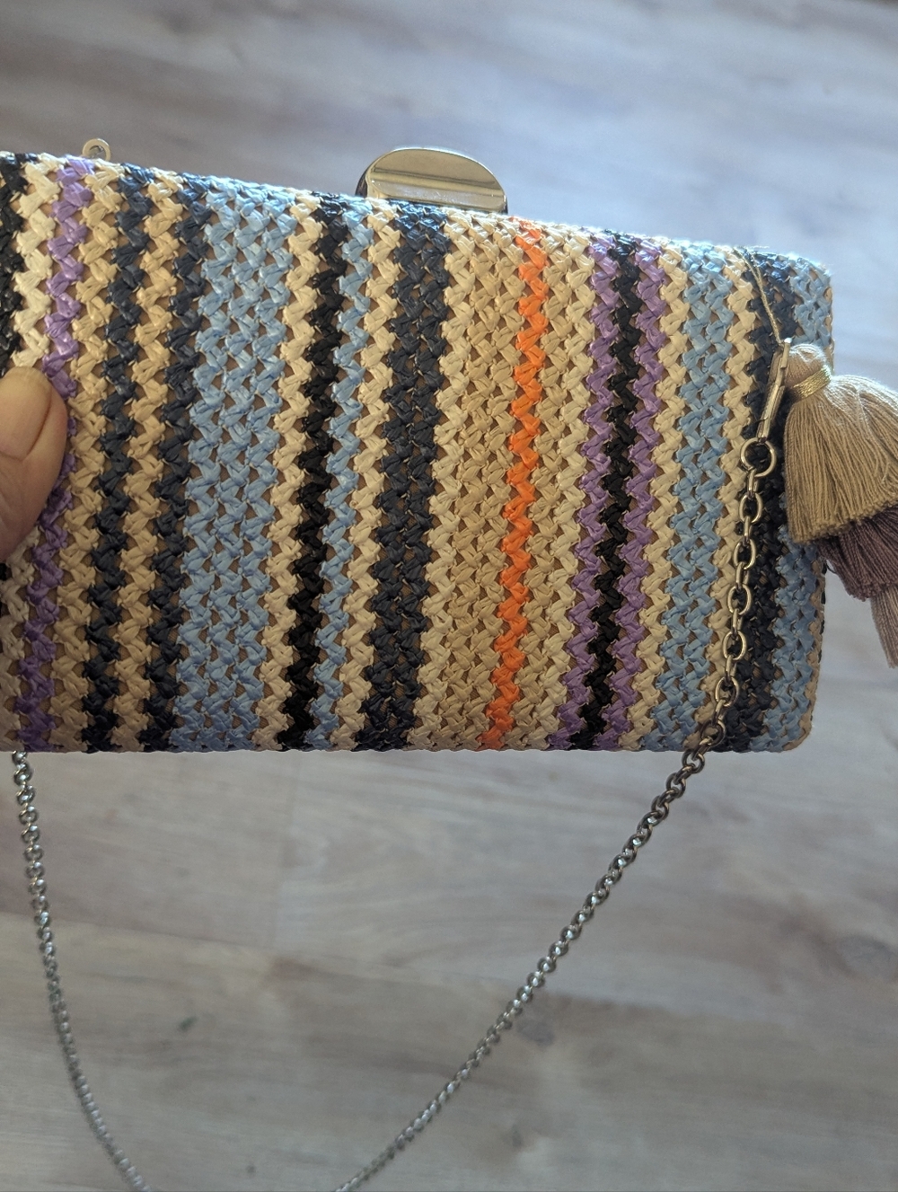 Woven Multicolor Stripe Clutch with Tassel & Metal Kiss lock And Long Chain